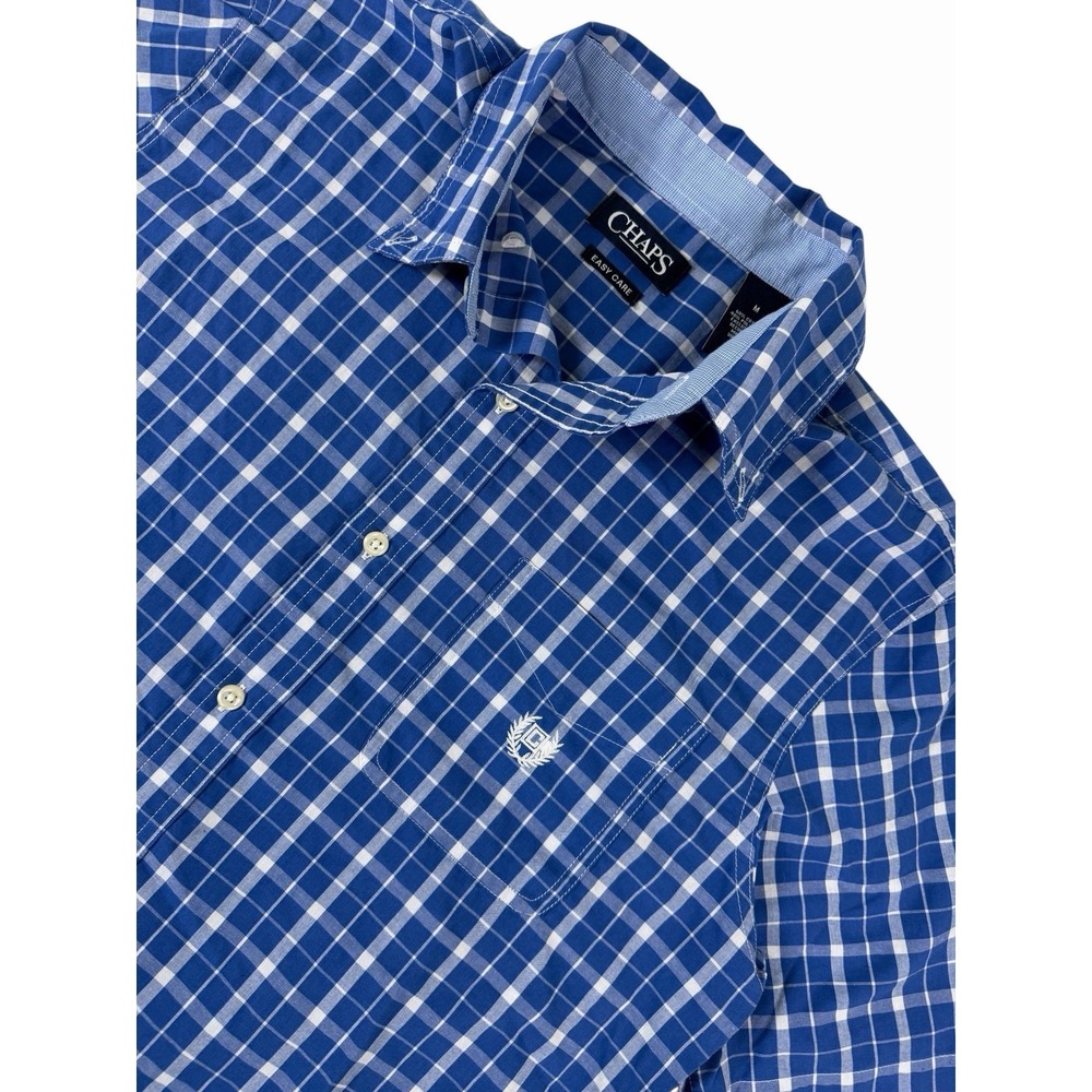 Chaps Easy Care Button Down Shirt Mens Medium Blue White Plaid Short Sleeve